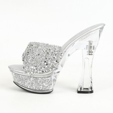 Women Rhinestone Chunky Heel Banquet Slippers Party Clear Platform Sandals Heels