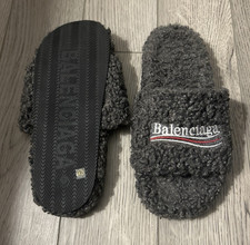 Balenciaga Logo Faux Fur Shearling Lined Slide Slippers Gray EU 42 US 8