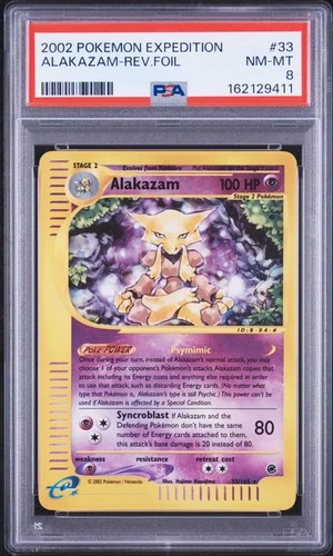 2002 POKEMON EXPEDITION #33 ALAKAZAM-REVERSE FOIL PSA 8