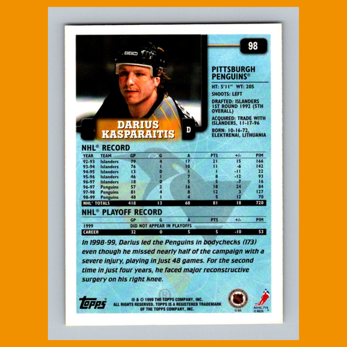 Darius Kasparaitis #98 1999 Topps Pittsburgh Penguins Hockeykarte NHL NM - Bild 2 von 3