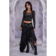 Whimsigoth Fairygrunge Punk Rock Black Mesh Rhinestones Soft Corset Crop S Top