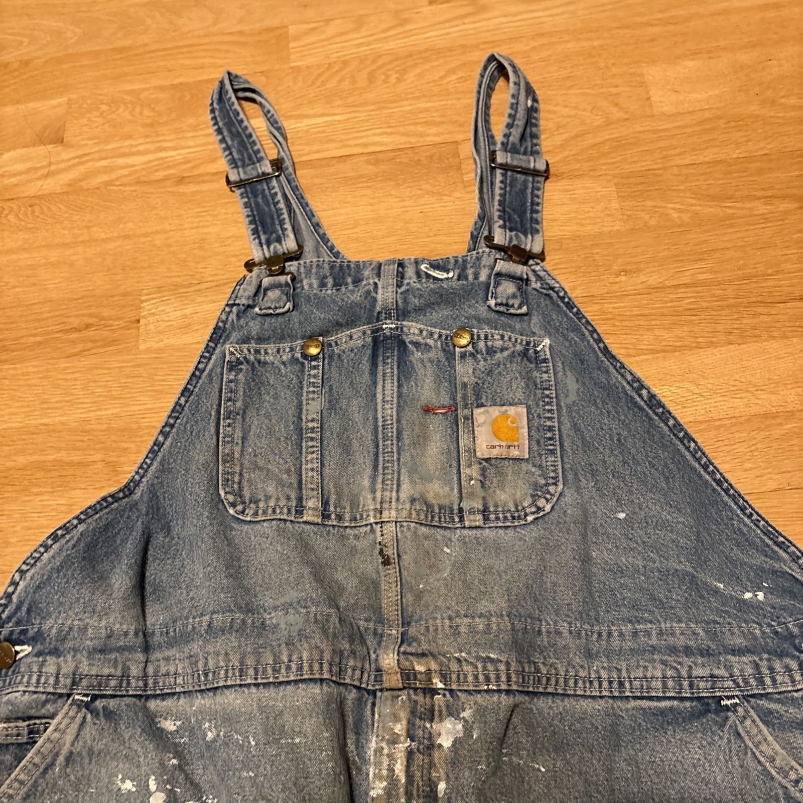 Carhartt R07 DST Mens Denim Jeans Carpenter Overalls Sz 48 X 26 Blue Distressed