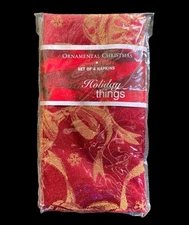 New Linens N Things 4 Napkins Holiday Things Ornaments Damask Ruby Red Gold