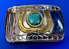 Double Horseshoe on Round Centered Turquoise Stone on Reflective Belt Buckle