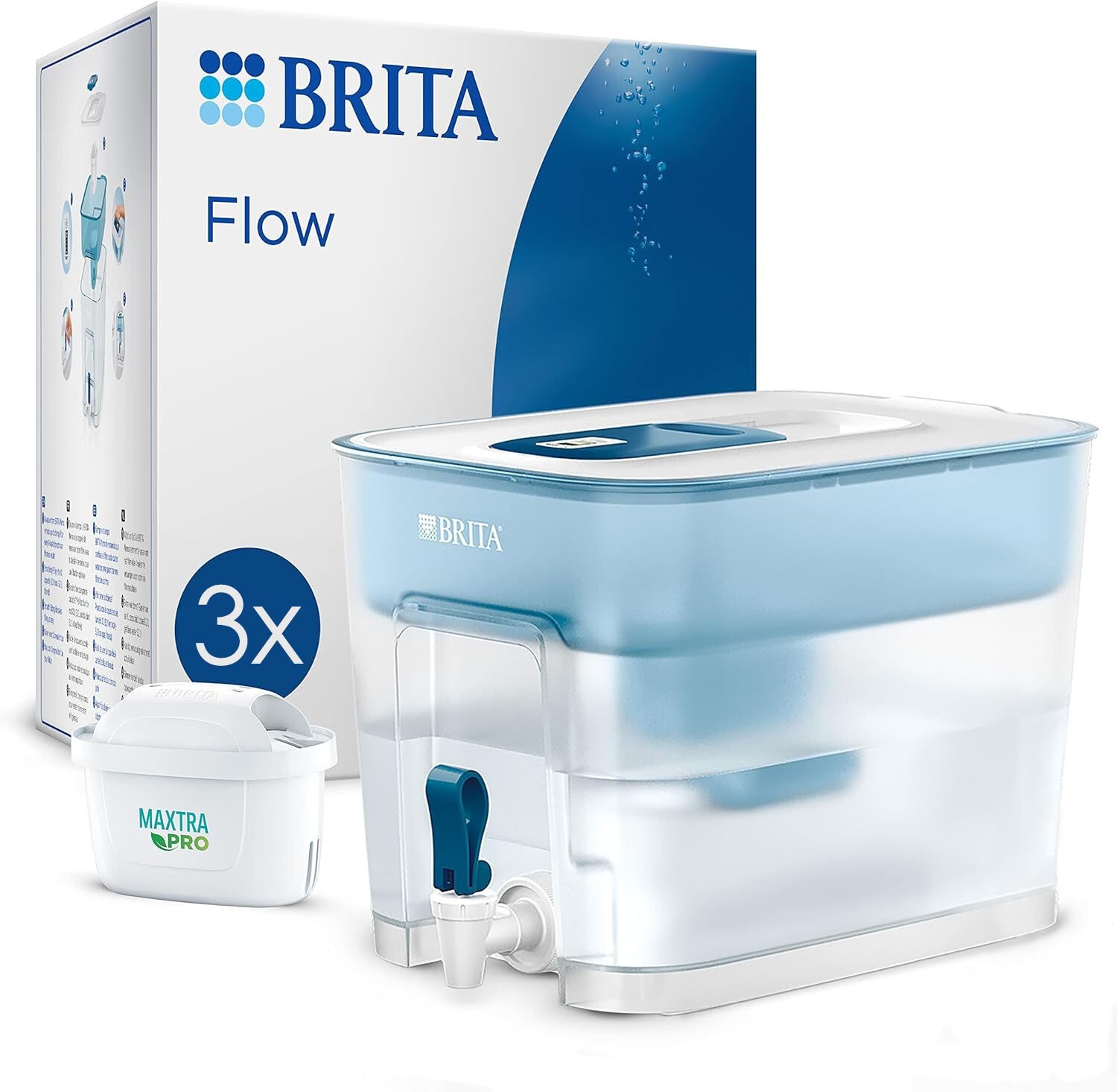 BRITA Flow Water Filter Tank 8.2L Fridge Dispenser Jug + 3 Maxtra Pro Cartridges