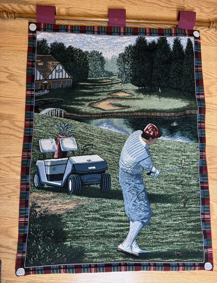 Tapestry Golf Wall Hanging Decor  Man Cave Sports 26" W 35” H Wood Dowel & Pillo - Image 4 of 4
