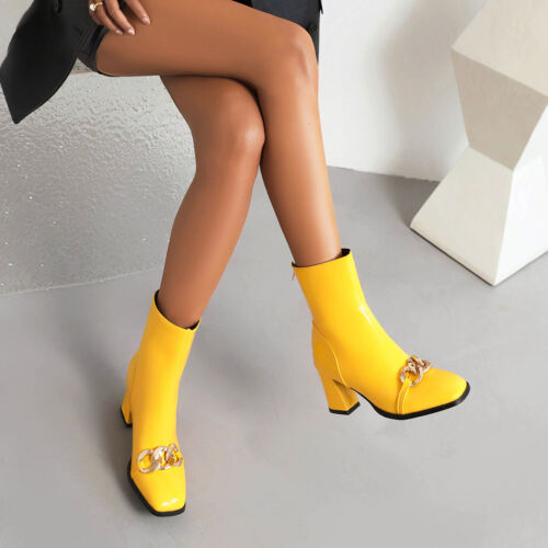 Damskie elastyczne botki skóra lakierowana kwadratowe palce buty błyszczące czółenka średnie obcasy - Zdjęcie 1 z 25