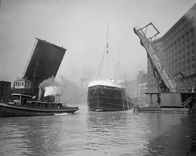 Tugboat towing ship near Chicago, IL, Early 1900s, New Reproduction Picture