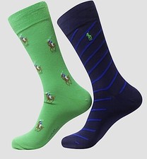   Polo Ralph Lauren Pony Logo  Stripes Men  s Trouser Socks Navy Green 2-Pairs