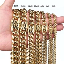 Heavy Strong Men 18k Gold Stainless Steel Curb Cuban Link Chain Necklace Jewelry