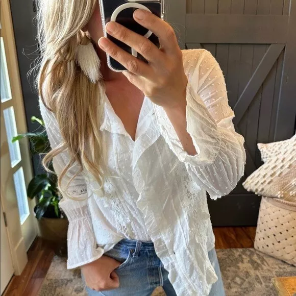 L New White Lace Swiss Dot Cotton Long Sleeve Blouse Top Boho Shirt Womens LARGE