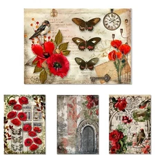 Decoupage Queen A3 Decoupage Paper Crafts ROSES & POPPIES (4 Pack) Rice Paper