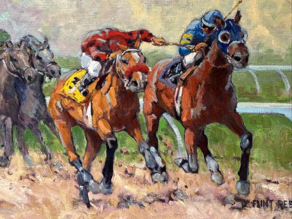 FLINT REED PAINTING HORSE RACES RACING RACETRACK AMERICAN LISTED FAMOUS OIL 24" - Image 4 of 4