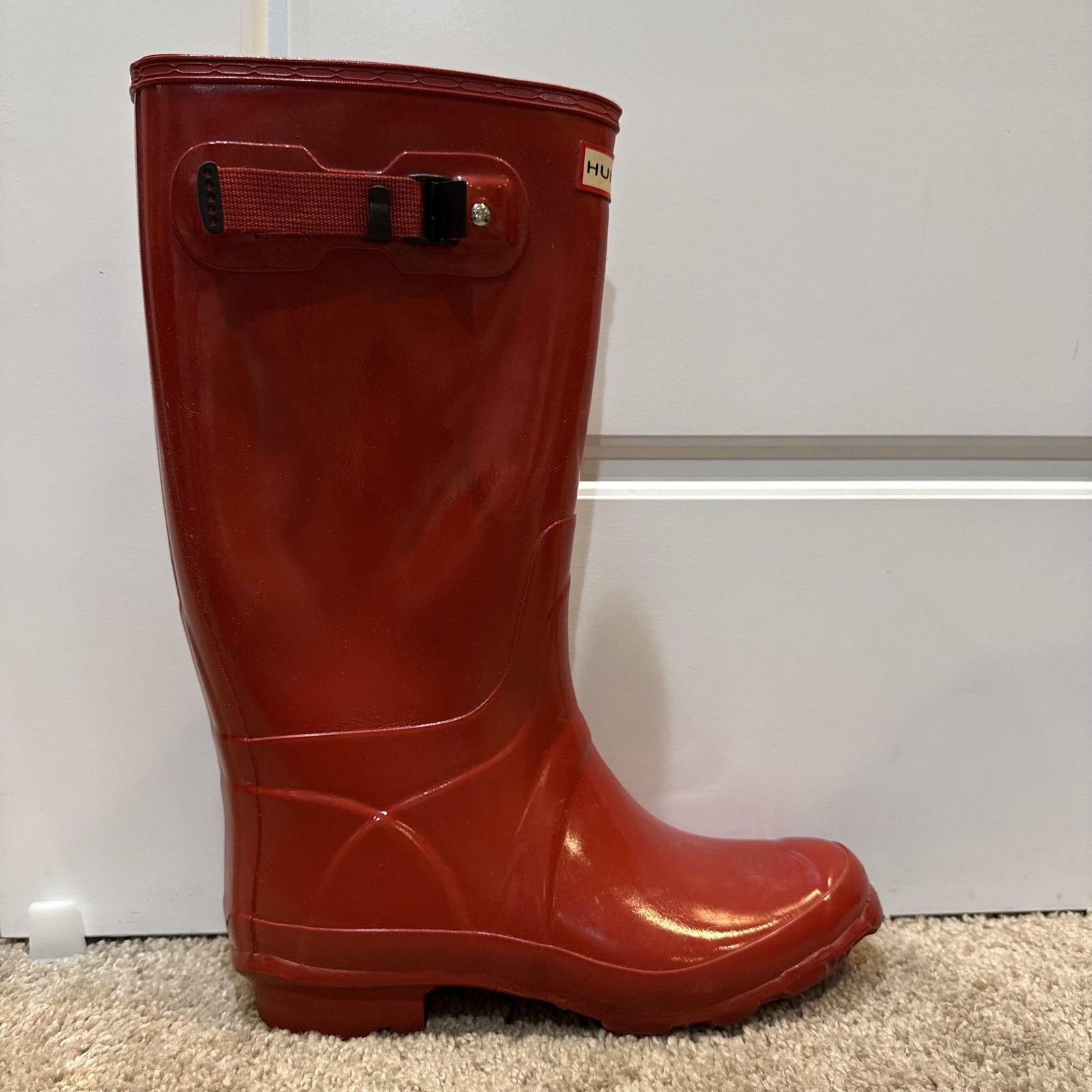 Hunter Rain Boots Womens Size 9 Red Tall Waterproof Knee High Adjustable Strap-image