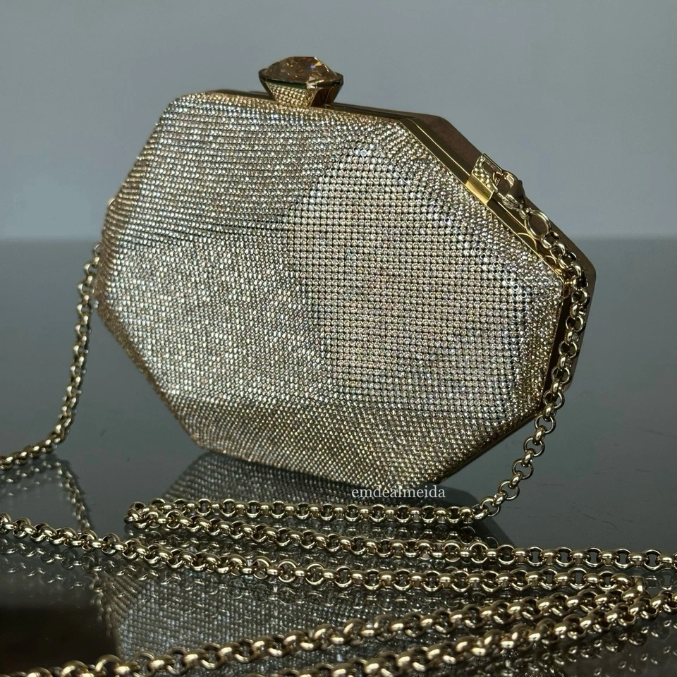 Bolsa de mão Atelier Swarovski cristal ouro mini marina sombra dourada e cetim - Imagem 3 de 4
