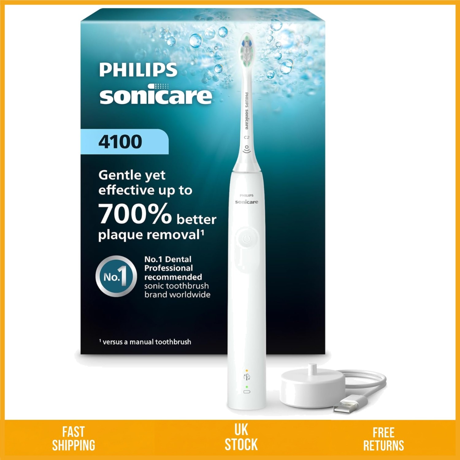 Sleek Rechargeable Electric Toothbrush with Pressure Sensor and 2 Modes White