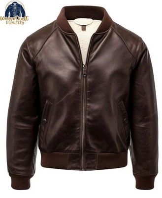 Men s Brown Leather Bomber Jacket Classic Zip-Up Ribbed Collar Winter Coat