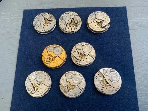 Antique lot of 8 ELGIN 16s  7j-17J  Pocket Watch Movements 7 for repair 1 RUNS
