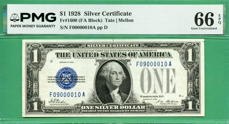 FANCY SERIAL NUMBER - F 090000010 A - 1928 $1 SC - Fr 1600 - PMG GEM 66 EPQ