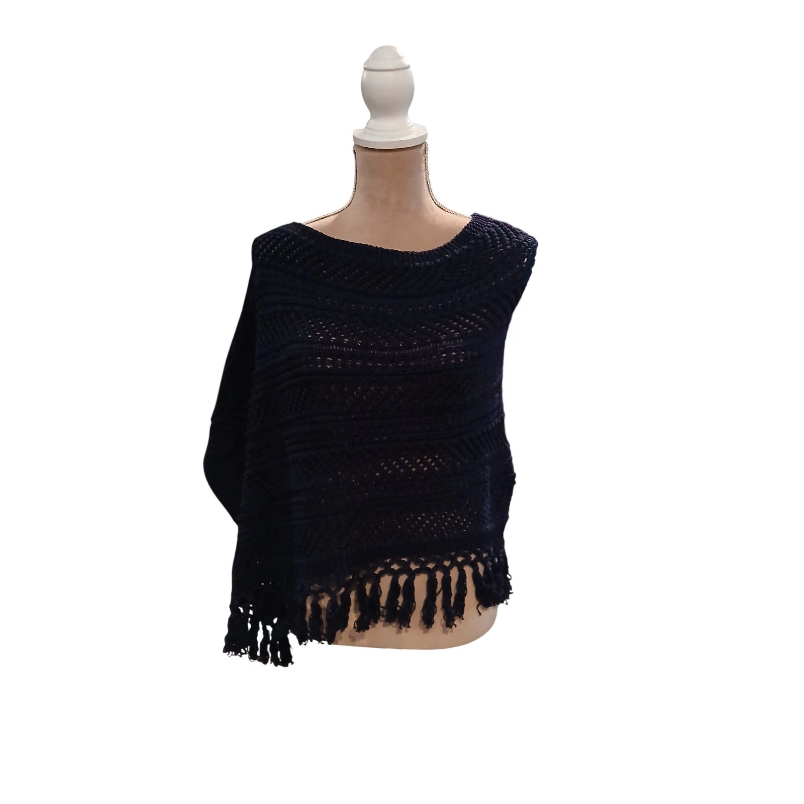 Lilly Pulitzer Navy Blue Cotton Open Knit Poncho Tassel Fringe One Size