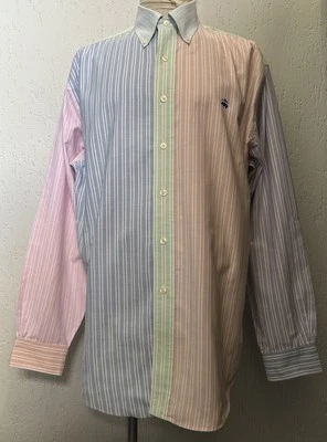 Men’s Brooks Brothers Blue Pink Patchwork Colorblocked Striped OCBD Shirt 42 L - Image 1 of 4