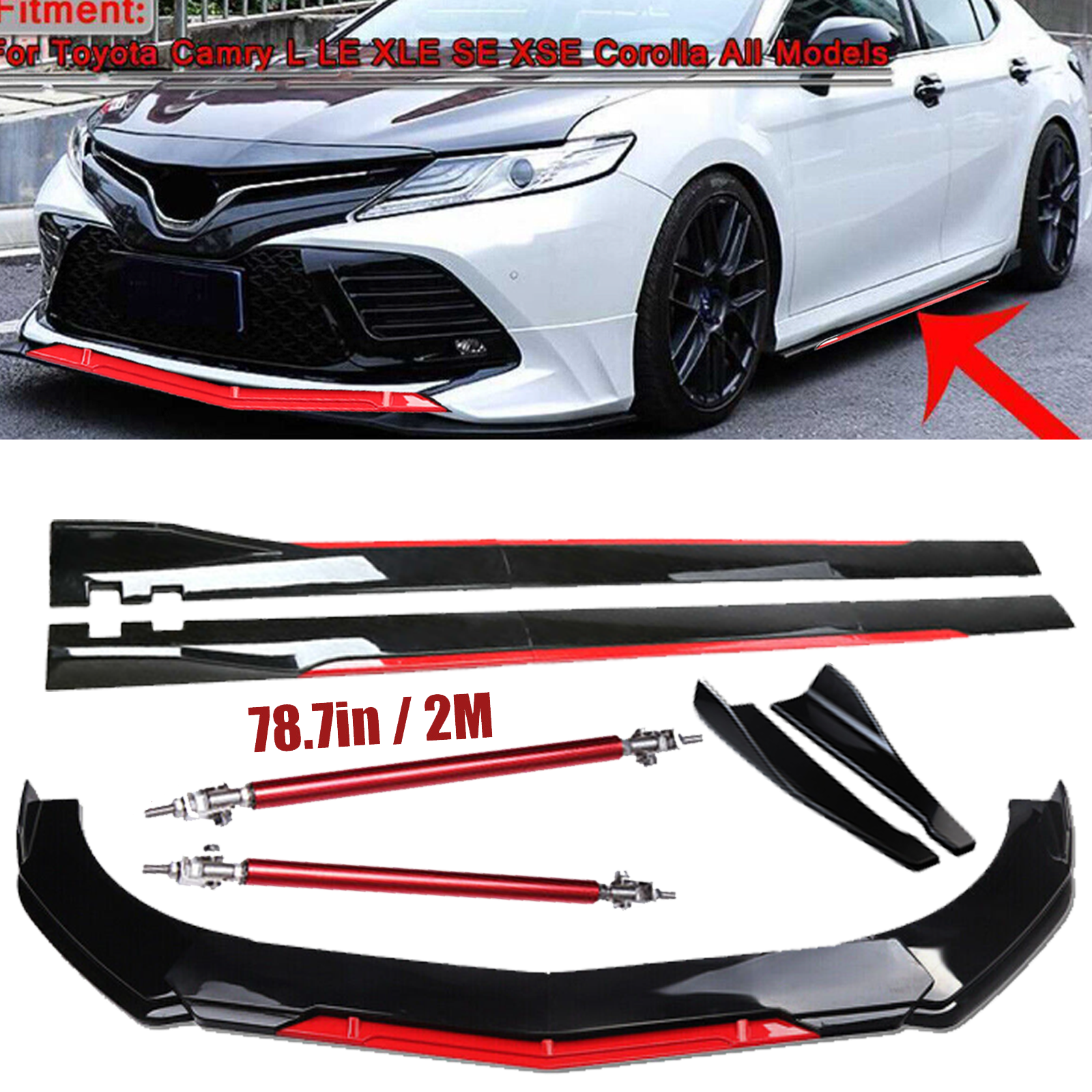 Front Bumper Lip Splitter Spoiler Side Skirts Glossy Black For Toyota Camry