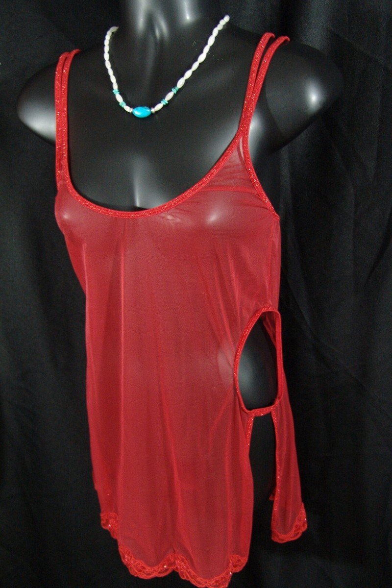 Victoria's Secret Slip Dress M red beaded lace hem open-side medium vtg-04 View 3