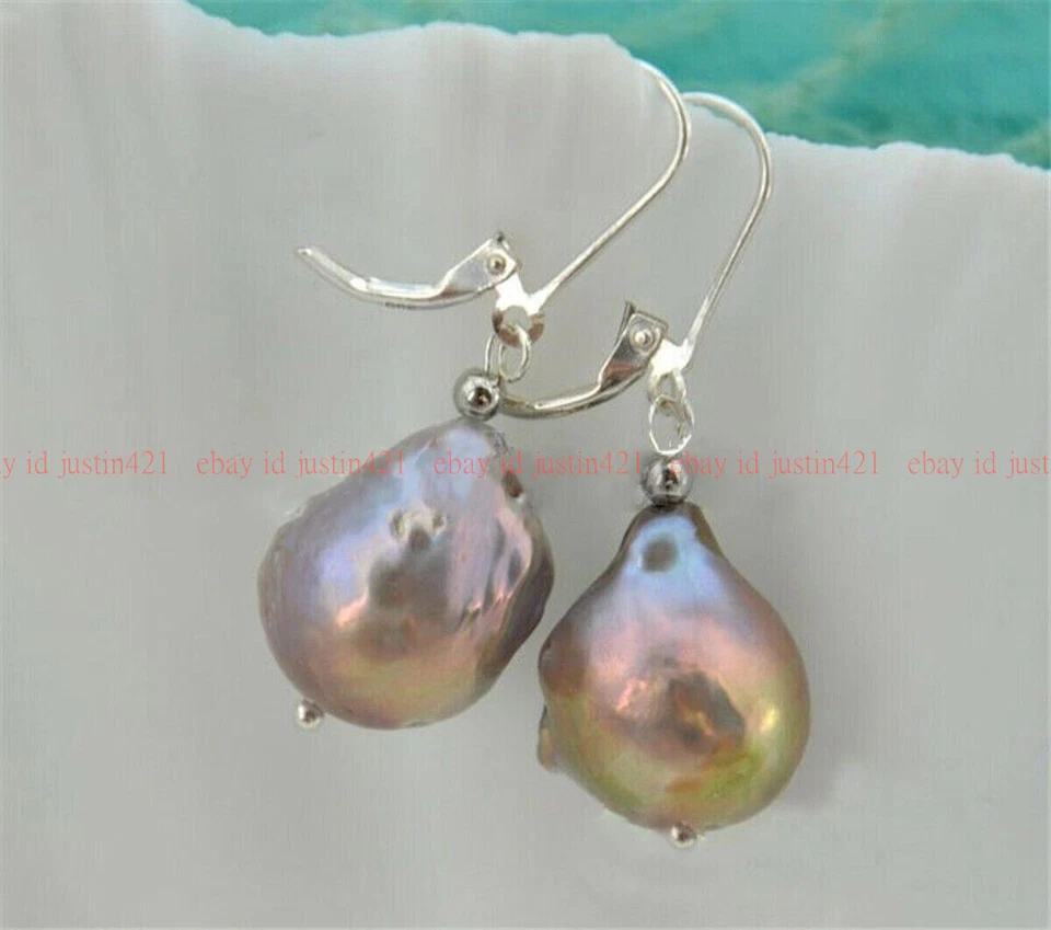 PENDIENTES PLATA GOTA PERLA KESHI RENACIDA BARROCO PÚRPURA NATURAL 14-18 MM Foto 2 de 4