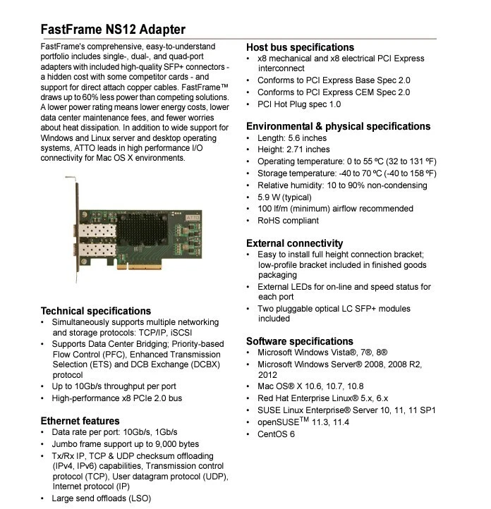 ATTO FastFrame FF-NS12 2-Port LC SFP+ 10GbE PCIe2.0 Network Adapter Low Profile - Image 2 of 4