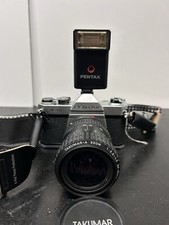 Pentax K1000 35mm SLR Film Camera w Takumar 28-80m Lens, Strap, And Flash