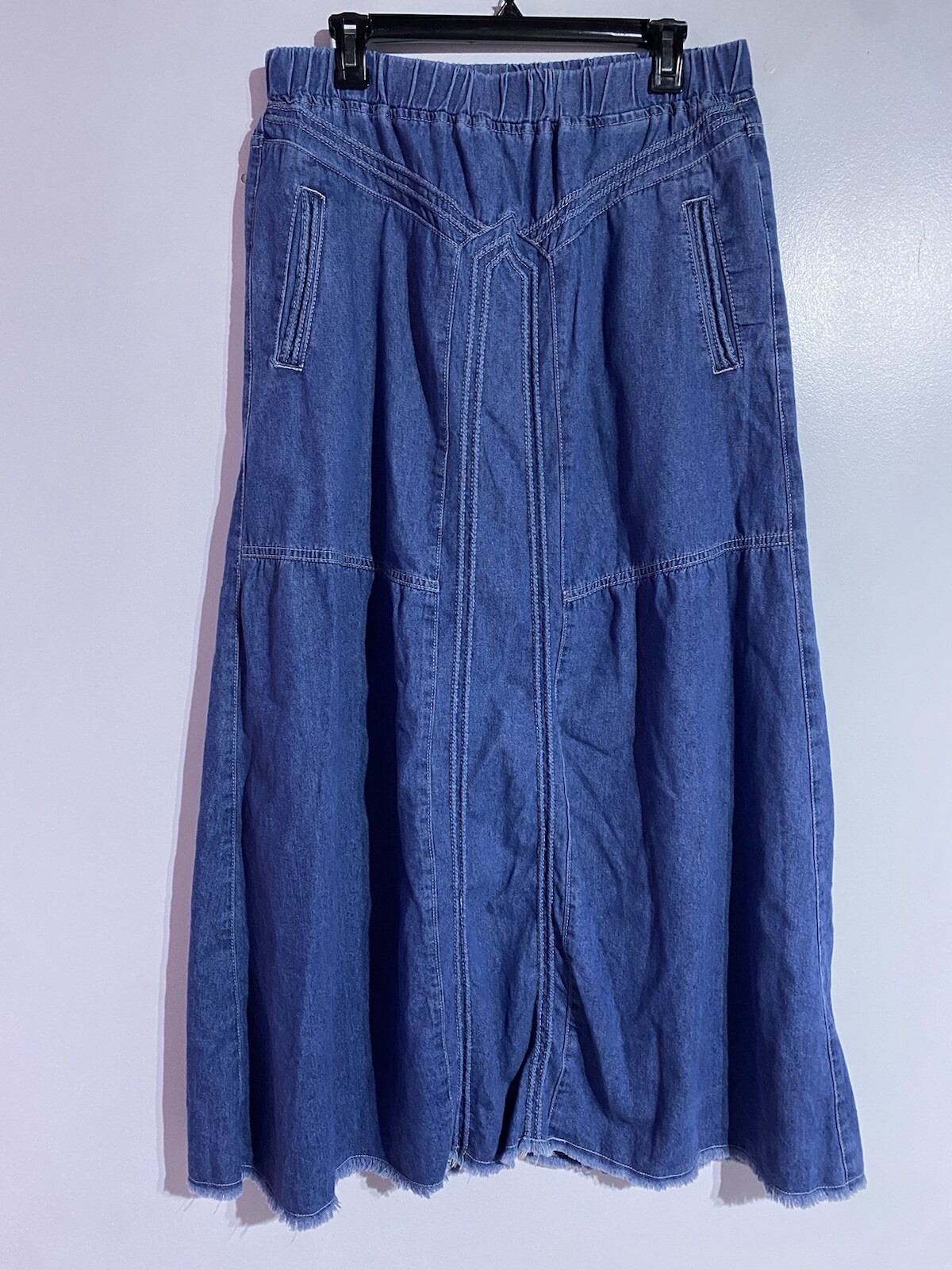 Denim Maxi Skirt Womens XL Blue Western Raw Hem Y2K Boho Elastic Waist Church-image
