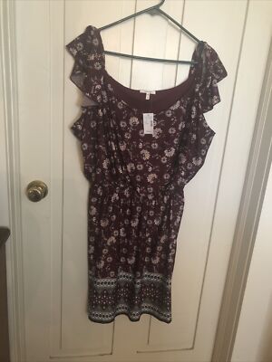 Maurices Floral Cold Shoulder Maroon Knee Length Dress Elastic Waist Size 2 NWT