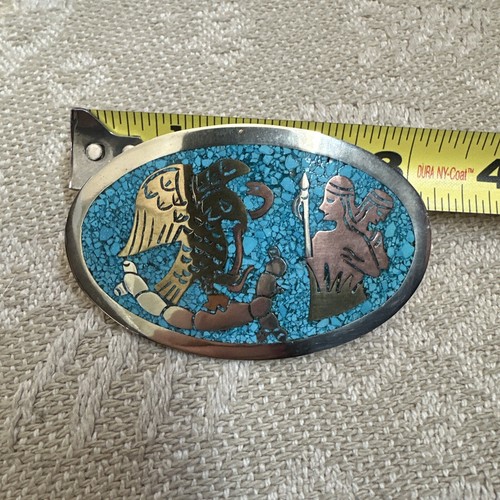 Vintage Mexico Alpaca 925 Sterling Silver, Belt Buckle Turquoise Inlay - Warrior - Picture 3 of 8