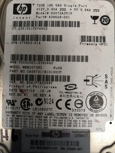 - HP 72GB 10K SAS SFF 2.5" HDD 376597-001 375863-014 DG072A3515 438628-001 @@@ - Picture 3 of 3