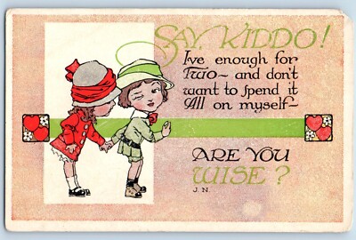 Valentine Postcard Childrens Say Kiddo I've Enough For Two Hearts c1910s Antique