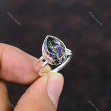 Natural Rainbow Mystic Topaz Gemstone Solitaire Adjustable Ring 925 Silver