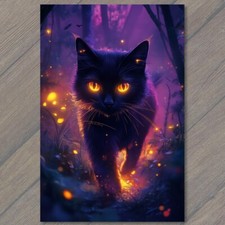 STICKER Black Cat Green Eyes Lying on Colorful Psychedelic Kitty Halloween