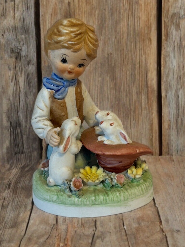 Vintage Boy with Rabbits Figurine