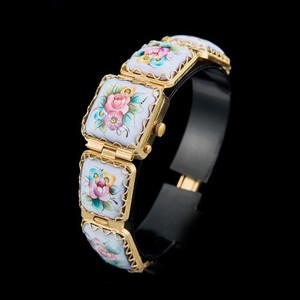 Authentic Vintage Chaika Watch: Gold Plated Filigree Bracelet, Hand-Painted Floral Enamel