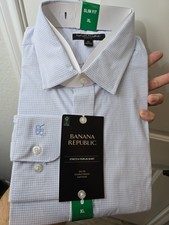 Banana Republic Stretch Poplin Dress Shirt Men's XL Slim Fit White Blue Plaid
