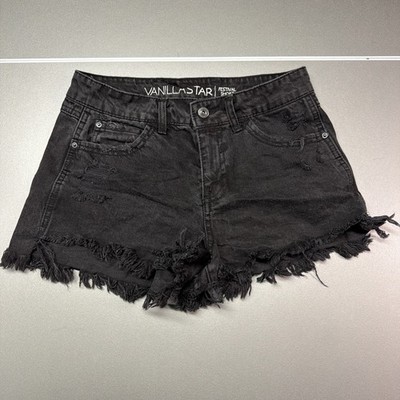Vanilla Star Women's Black Denim Jean Shorts Size 7 Distressed Cut Off