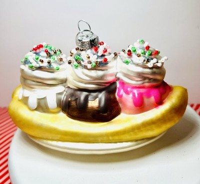 CHRISTMAS BANANA SPLIT ICE CREAM GLASS ORNAMENT WHIPPED CREAM SPRINKLES