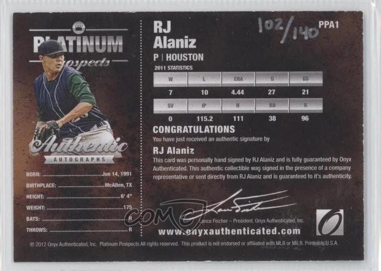 2012 Onyx Platinum Prospects Auto Silver Ink /140 RJ Alaniz #PPA1 Auto - Image 2 of 2