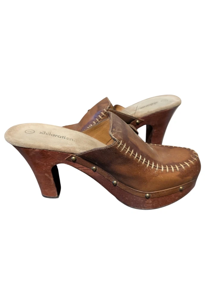 Vintage Y2K 90s Chunky Xhilaration Platform Brown leather mule clogs heel 7 - Image 3 of 4