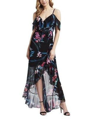 New Lipsy London Maxi Dress 6 (10 UK) Black Floral Chiffon Wrap High-Low  Ruffle | eBay