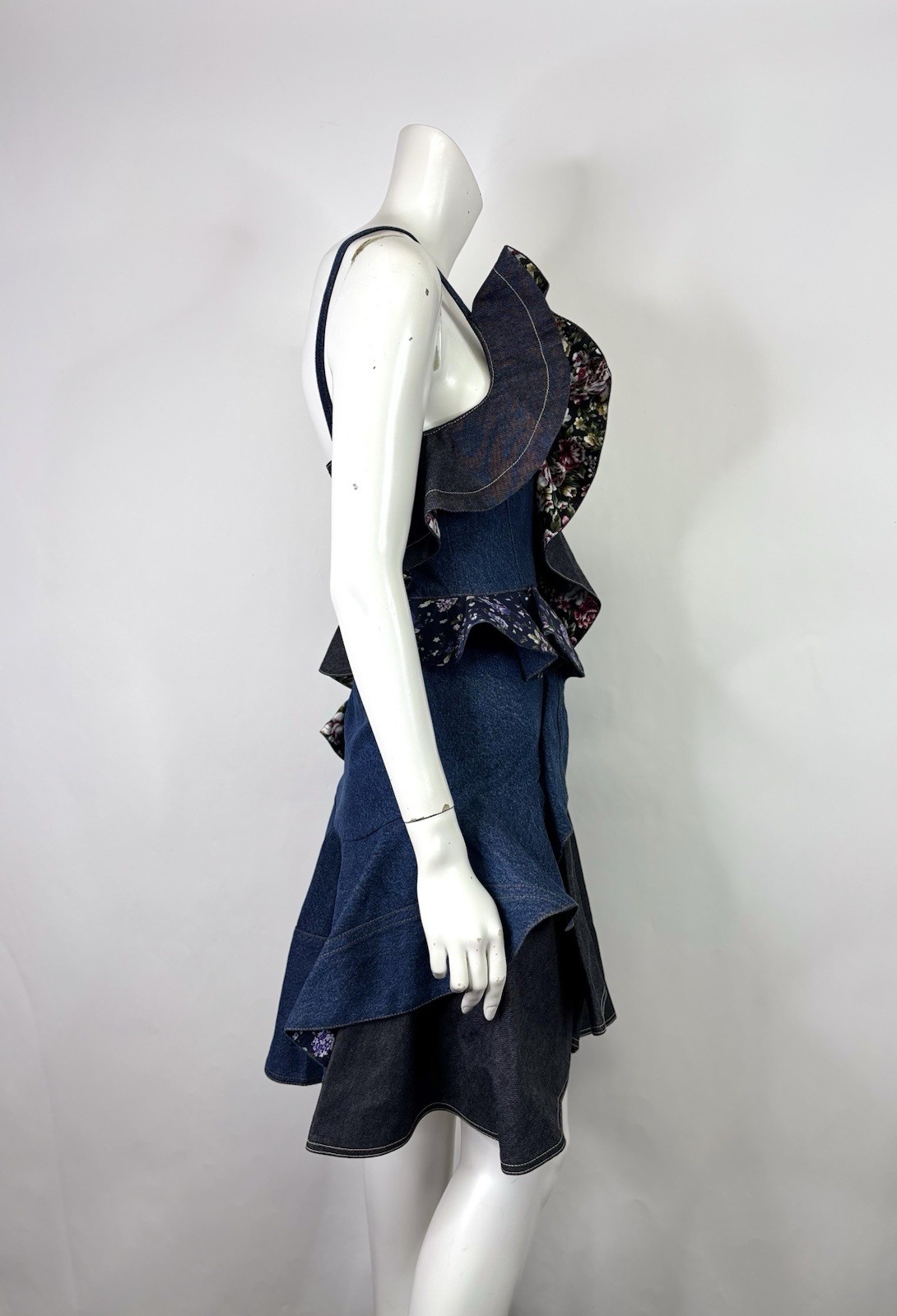 Vtg Alexander McQueen 2017 Blue Patchwork Denim D… - image 2