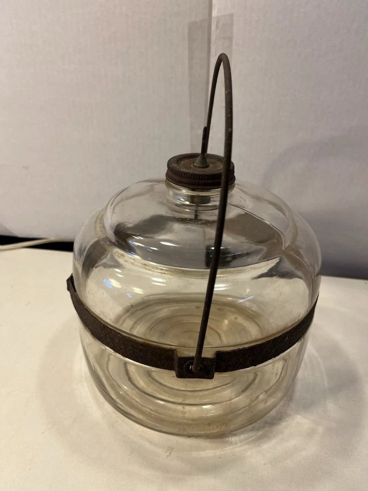 Vintage Duraglas Glass Kerosene Stove Fuel Bottle Drip Jar w/Metal Band & Lid - Image 2 of 4