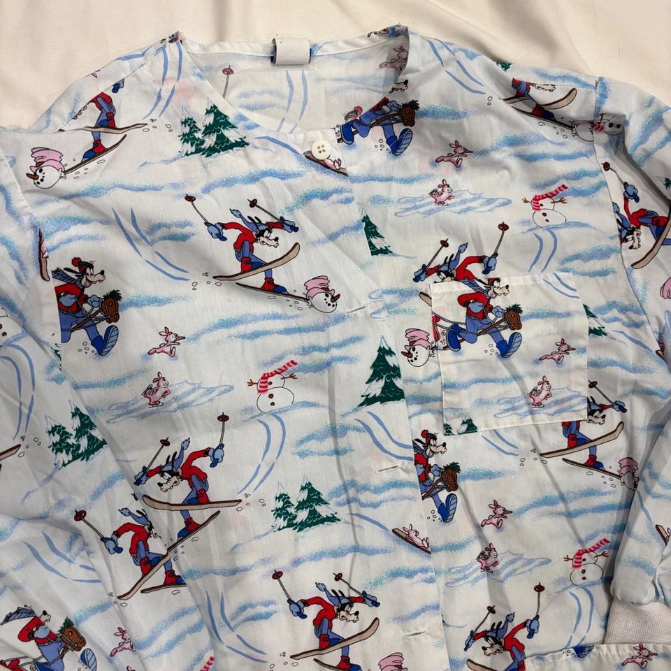 Disney Womens Scrub Top | White Blue | Mickey & Goofy Winter Scene Skating | Med - Image 2 of 4