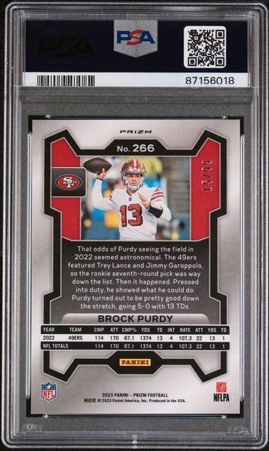 2023 Panini Prizm Brock Purdy BLUE ICE /99 - PSA 10 - #266 Niners view 2