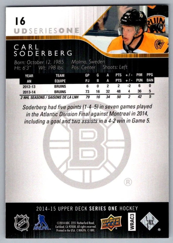 2014-15 Upper Deck Carl Soderberg Boston Bruins #16 - Image 2 of 2